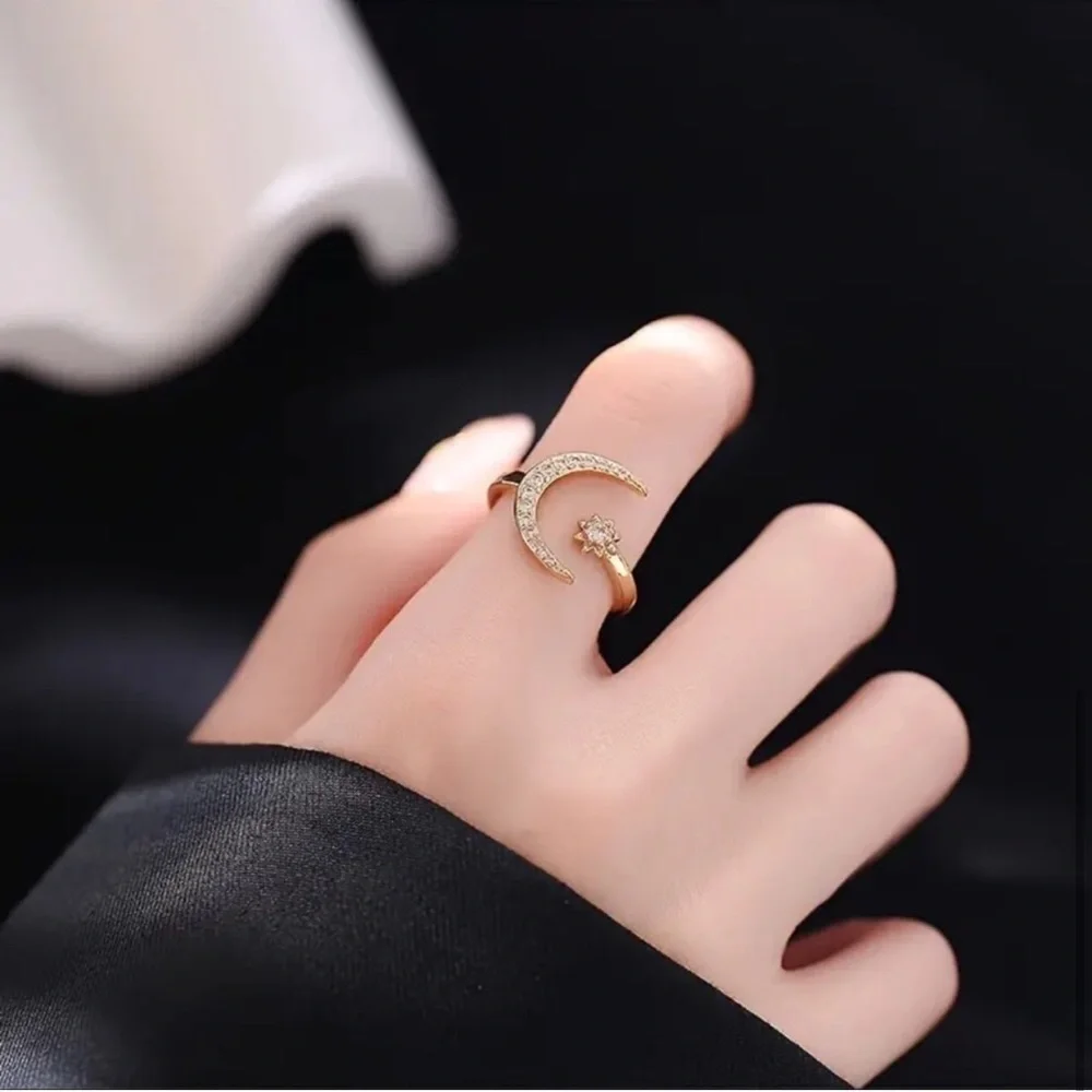 Gold + Rhinestone Moon + Star Cuff Fashion Ring, Size 8